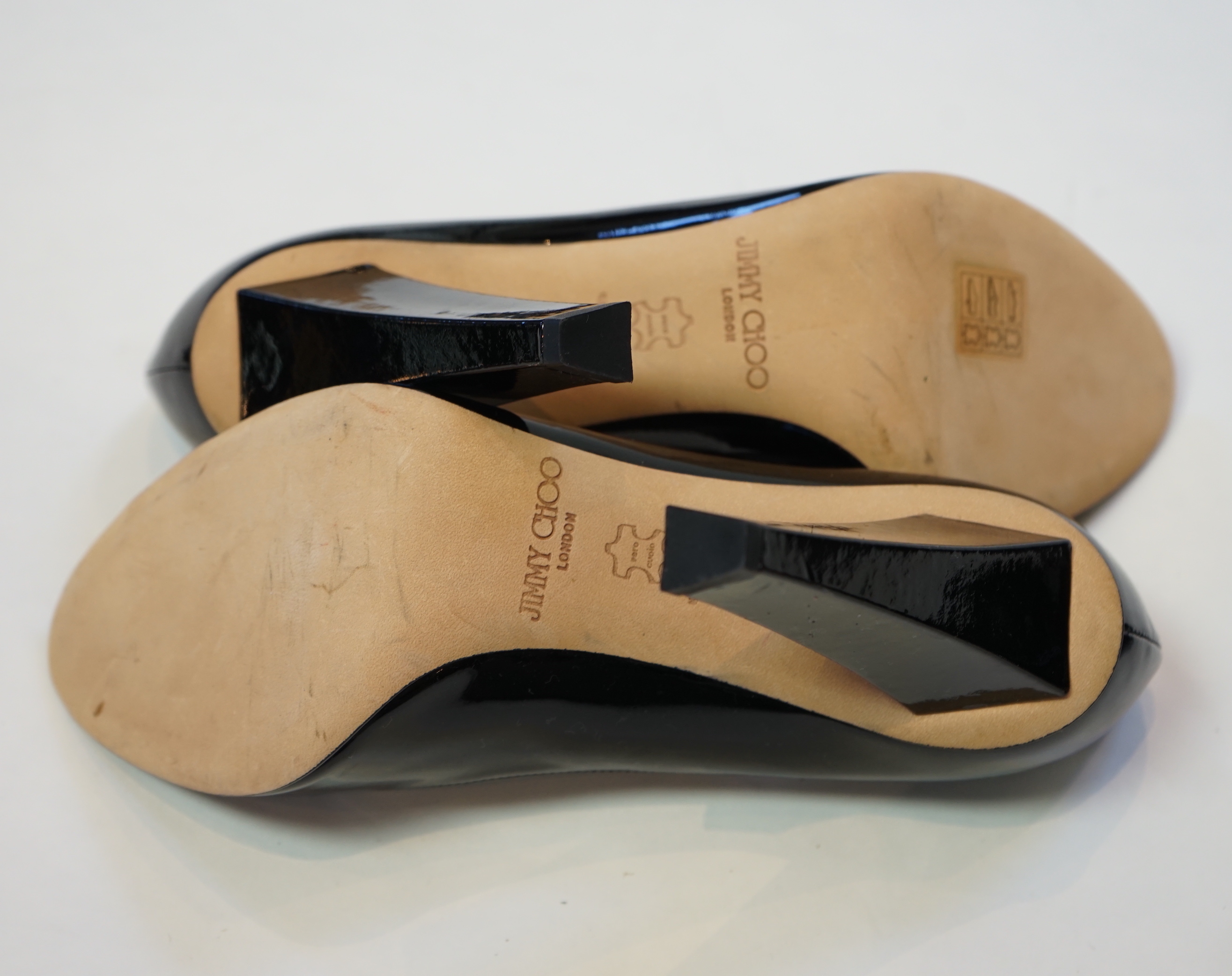 Two pairs of Jimmy Choo black lady's heeled open toe shoes, size EU 39